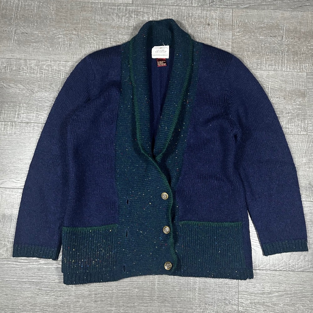 Susan Bristol Knit Cardigan‎ Navy Green Speckled Wool Blend Shawl Collar